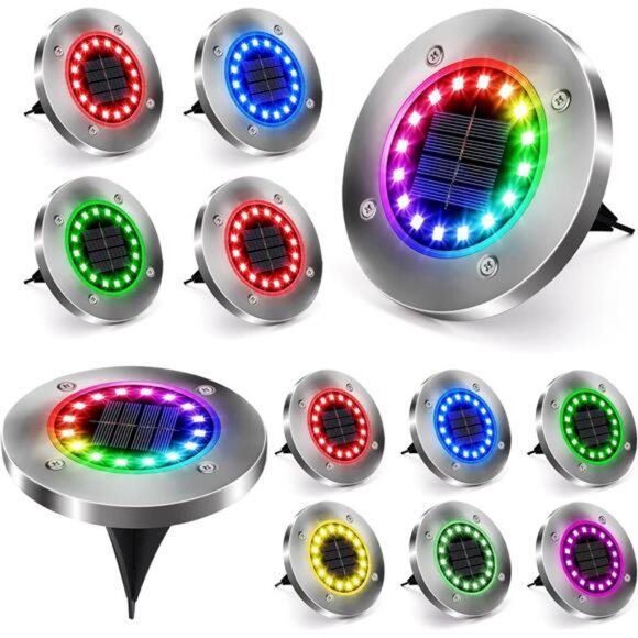 12 Pack Color Changing Solar Ground Lights Multicolor Disk Light Waterproof - Picture 1 of 8